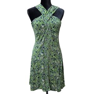 Michael Kors Halter Flare Green Paisley Crossover Neck Stretch Dress M